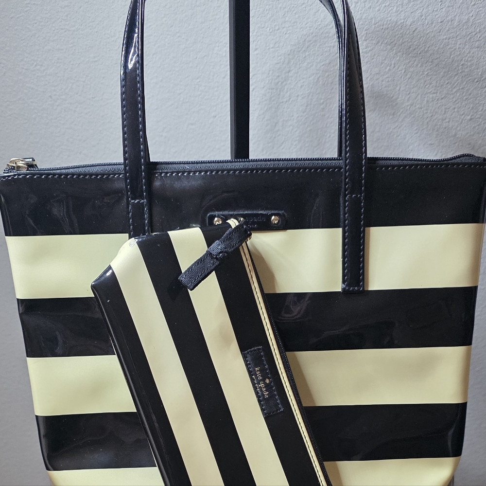Kate Spade Black and Cream Striped Tote with Pouch
